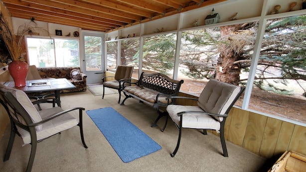 A covered patio with a table, chairs, and a blue rug. -  On Salmon River, quiet, private, house, where you can still see the milky way, (Salmon)