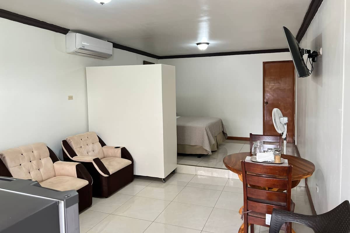 A compact living space with a sofa, a dining table with chairs, a TV mounted on the wall, and an air conditioning unit.