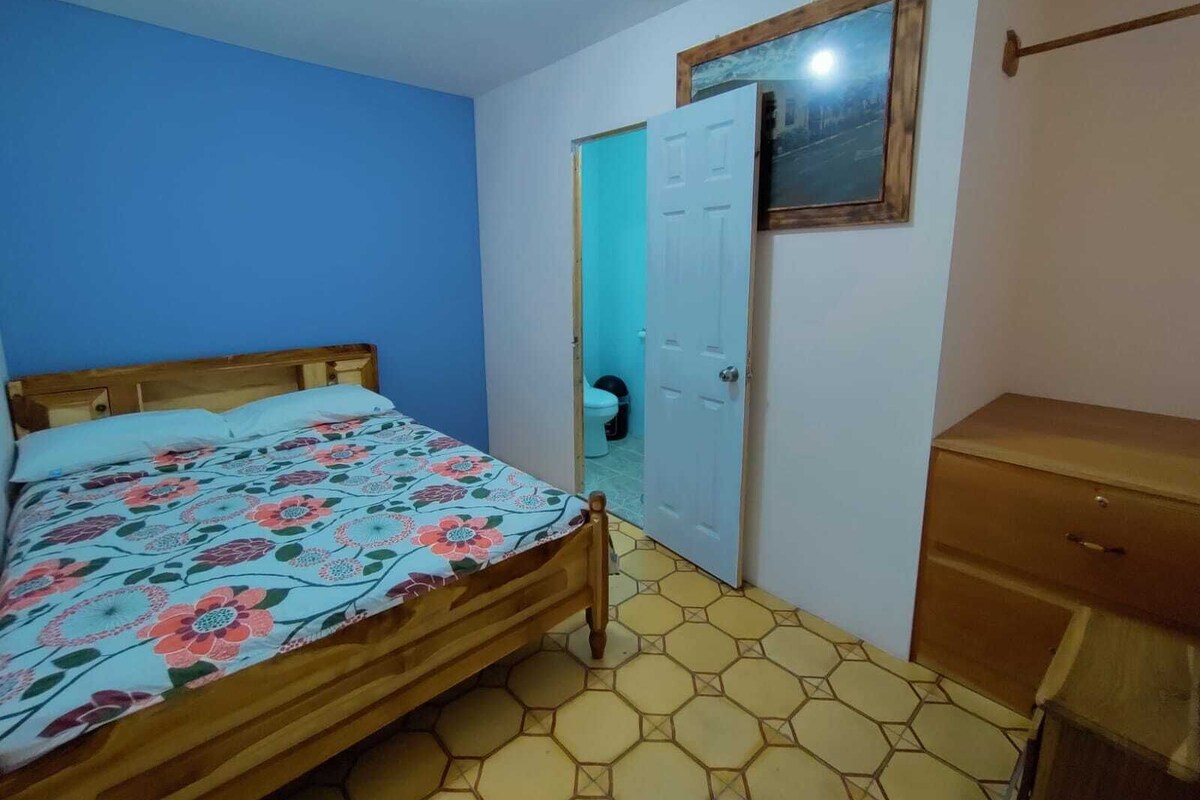 A bedroom with a wooden bed, a blue wall, a white door, and a wooden dresser.