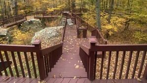 Une promenade en bois qui traverse une forêt aux couleurs automnales.
