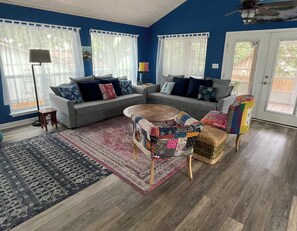 Smart TV, DVD player, books, video library