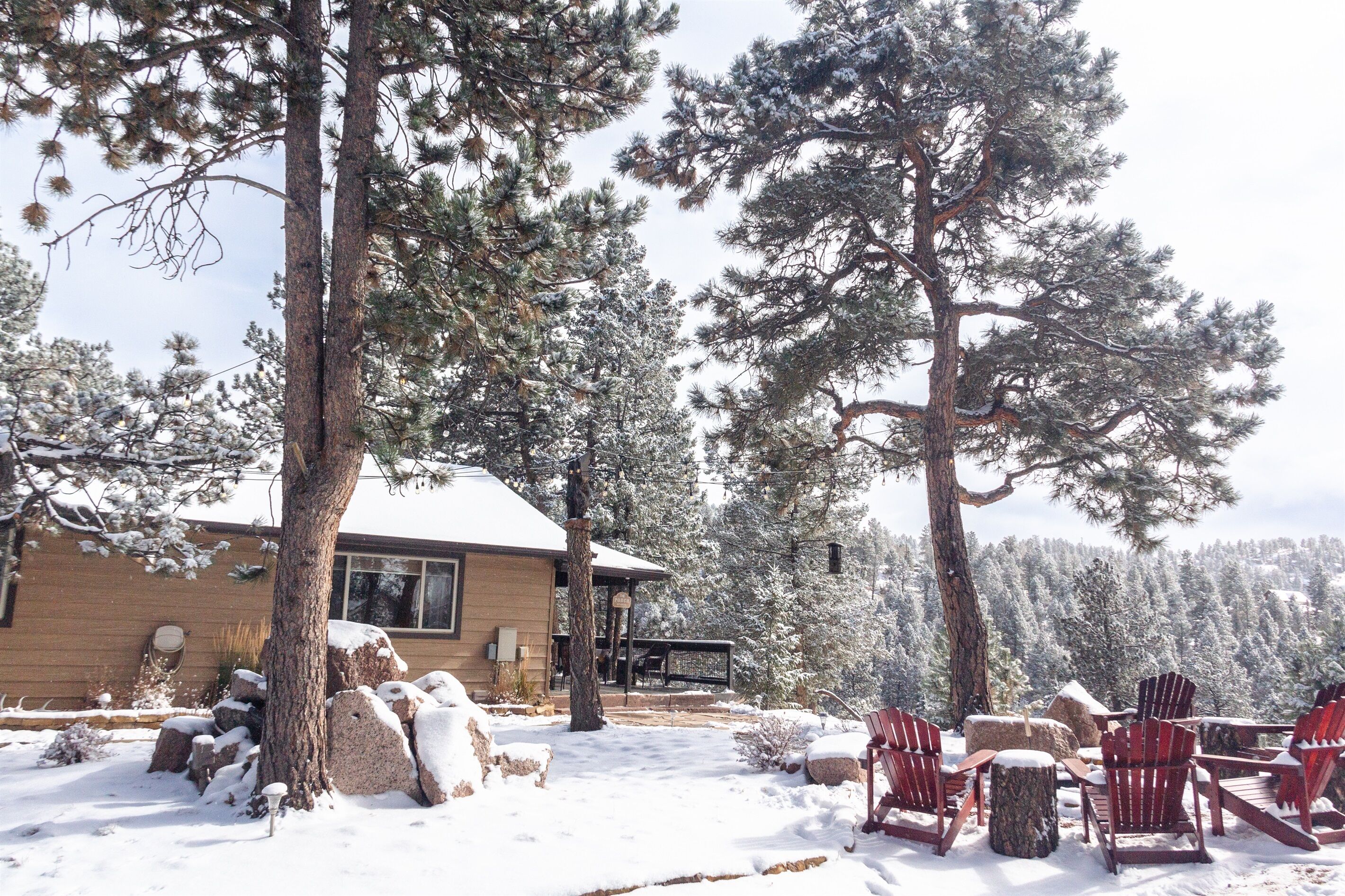 Un paysage enneigé avec un chalet, un espace de détente extérieur et une vue sur la forêt environnante.