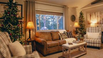 Smart TV, fireplace, books, smart speakers