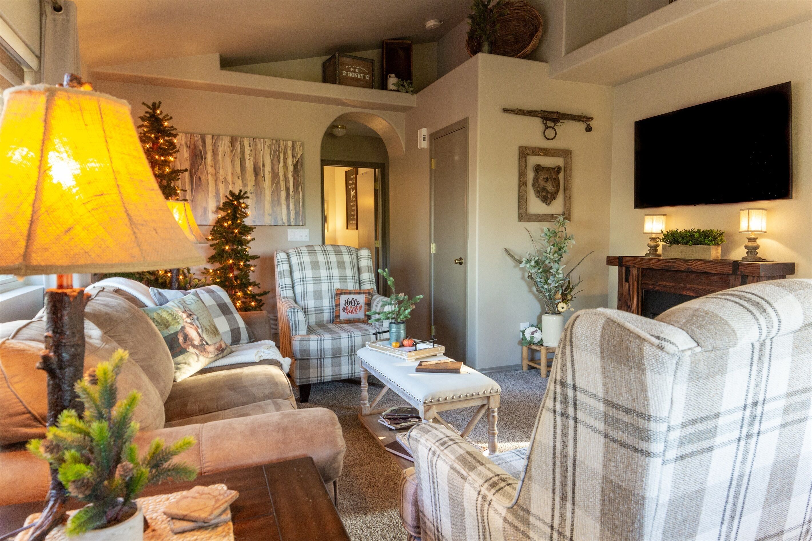 Smart TV, chimenea, libros y bocina smart 