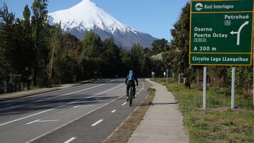 A road with a cyclist, a sign indicating directions to Red Interlagos, Petroluè, Osorno, Puerto Octay, and Lago Llanchique.