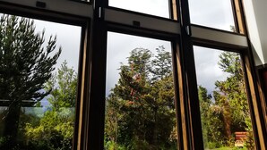 Una habitación con amplios ventanales que ofrecen vista a un jardín y árboles.