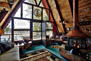 Älytelevisio, takka, DVD-soitin, kirjoja