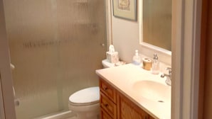 A bathroom with a shower, toilet, vanity, and a mirror.