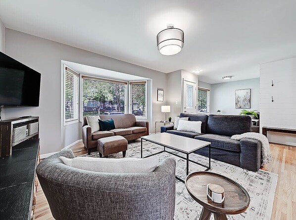 Smart TV, fireplace, books