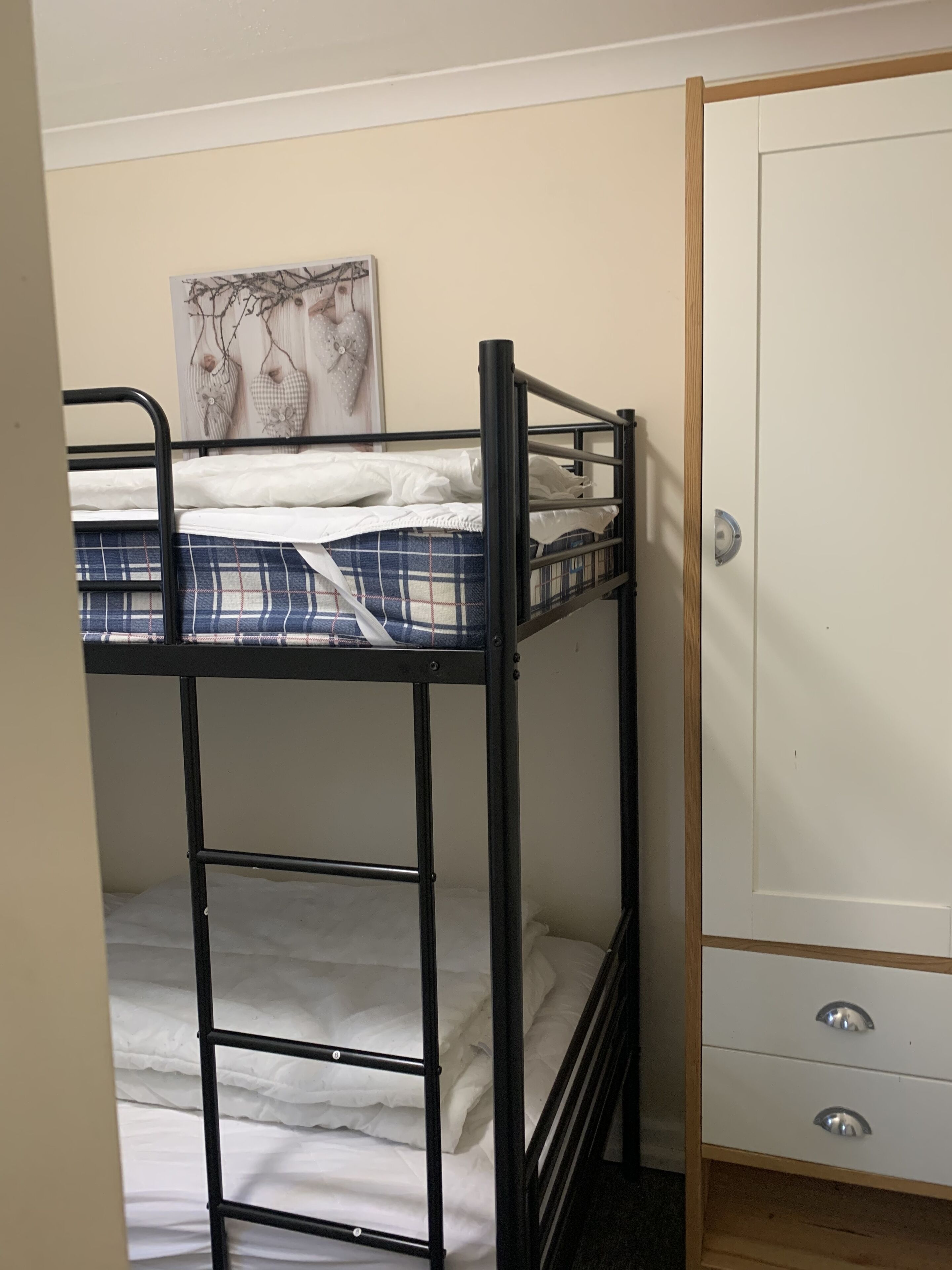 A bunk bed with a plaid-patterned mattress, a white door with a silver handle, and a framed picture on the wall.