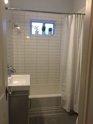 Combined shower/bathtub, hair dryer, towels, soap - Beautiful Home Down the Street From Mayo (Rochester)