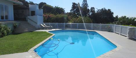 Outdoor pool, pool umbrellas, pool loungers