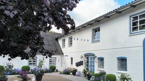 Un bâtiment blanc orné de bordures bleues, une cour recouverte de gravier et des plantes en pot.