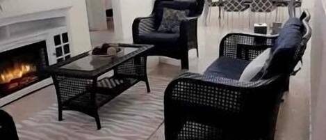 TV, fireplace, books