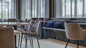 Un espace repas moderne avec une longue table, plusieurs chaises et un canapé agrémenté de coussins.