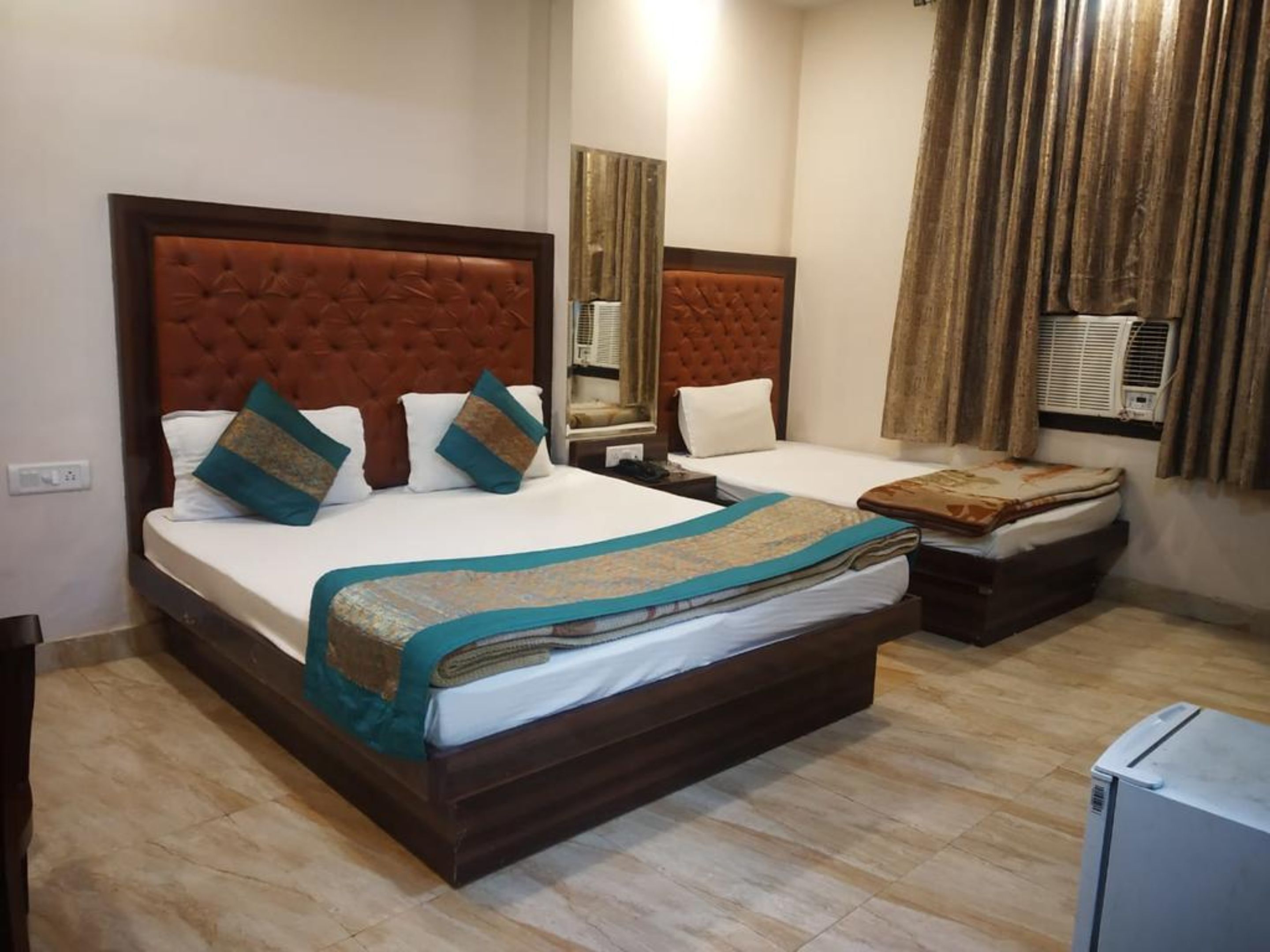 Desk, laptop workspace, blackout curtains, free WiFi