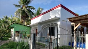 A residential house with a gated entrance, a red roof, and a green wall adjacent to a palm tree. - Siargao Hannah House (Surigao city)