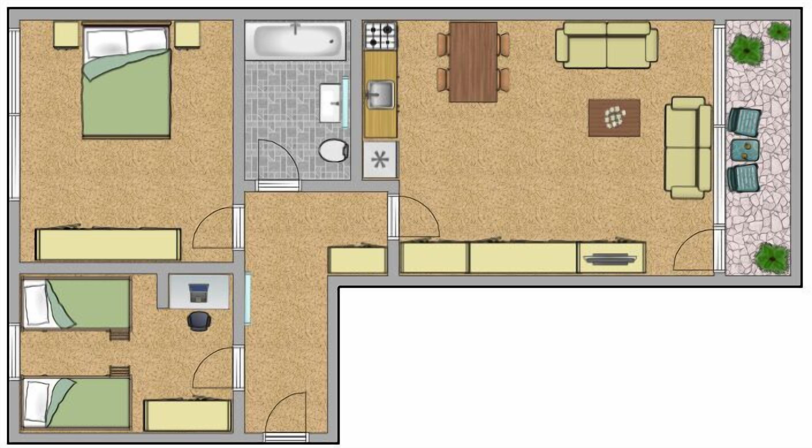 Ein Grundriss eines Hotelzimmers mit Bett, Bad, Essbereich und Wohnbereich inklusive Sofa und Couchtisch.