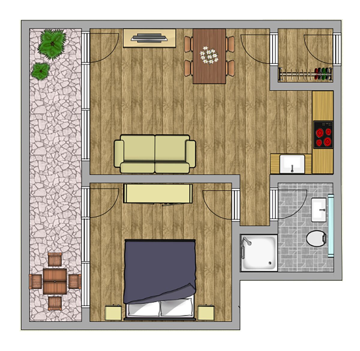 A floor plan of a hotel room with a wooden floor, a sofa, a bed, a dining table, a kitchen area, and a bathroom.