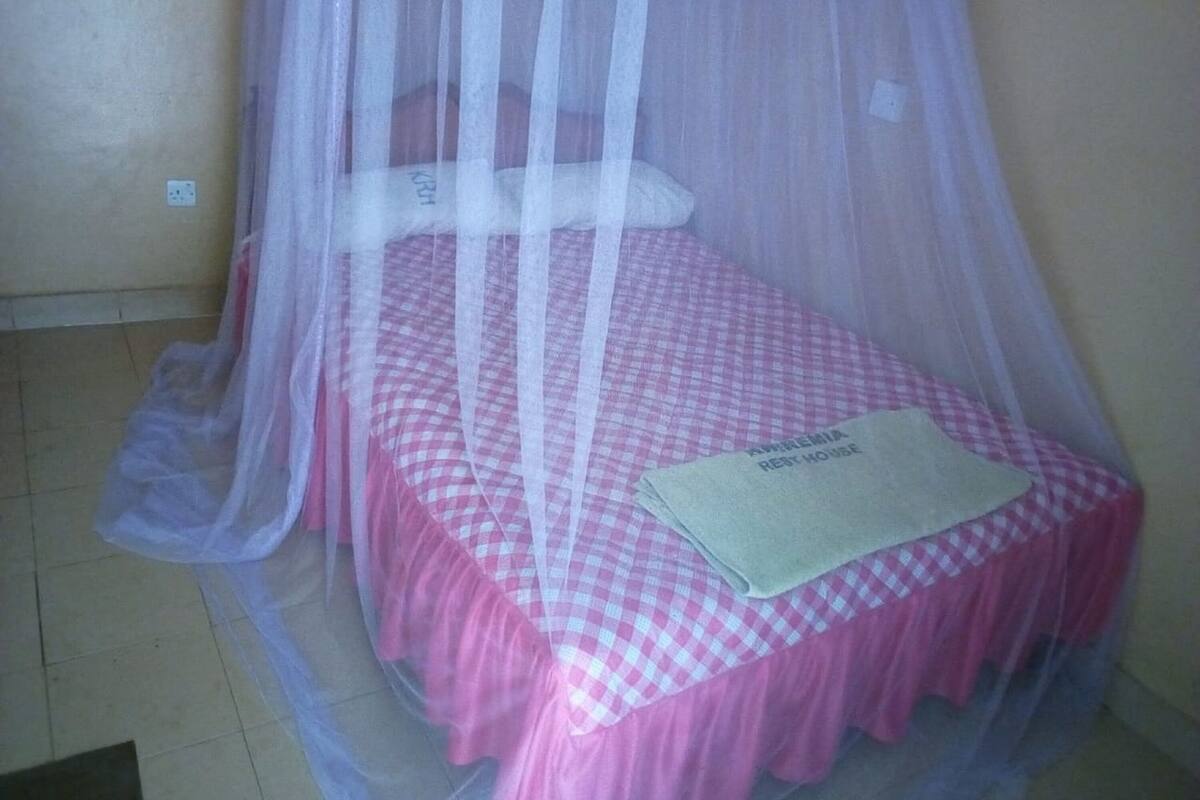 Una cama individual con una colcha rosa a cuadros y una almohada blanca, cubierta por un dosel blanco translúcido.