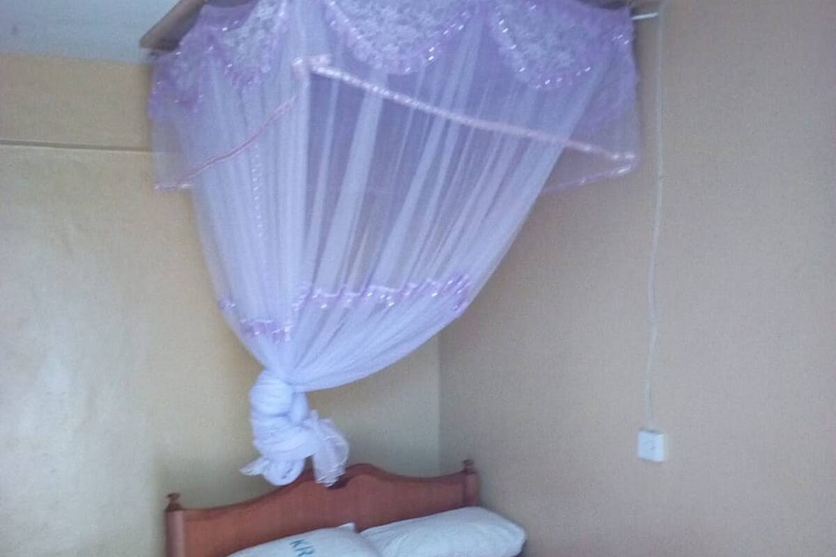 Una cama individual con una colcha a cuadros, un almohadón blanco y un dosel.