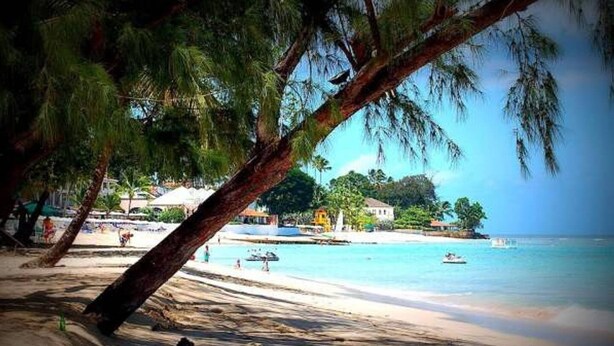 Una playa con agua turquesa cristalina, palmeras y algunos edificios al fondo.