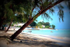 A beach with clear turquoise water, palm trees, and a few buildings in the background.