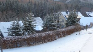 A residential area with houses, snow-covered trees, and a hilly landscape. - Cable car, lift, slopes, ski schools are within walking distance. Family friendly (Kurort Oberwiesenthal)