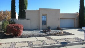 A residential house with a garage, a small garden with rocks and a potted plant, and two tall trees.