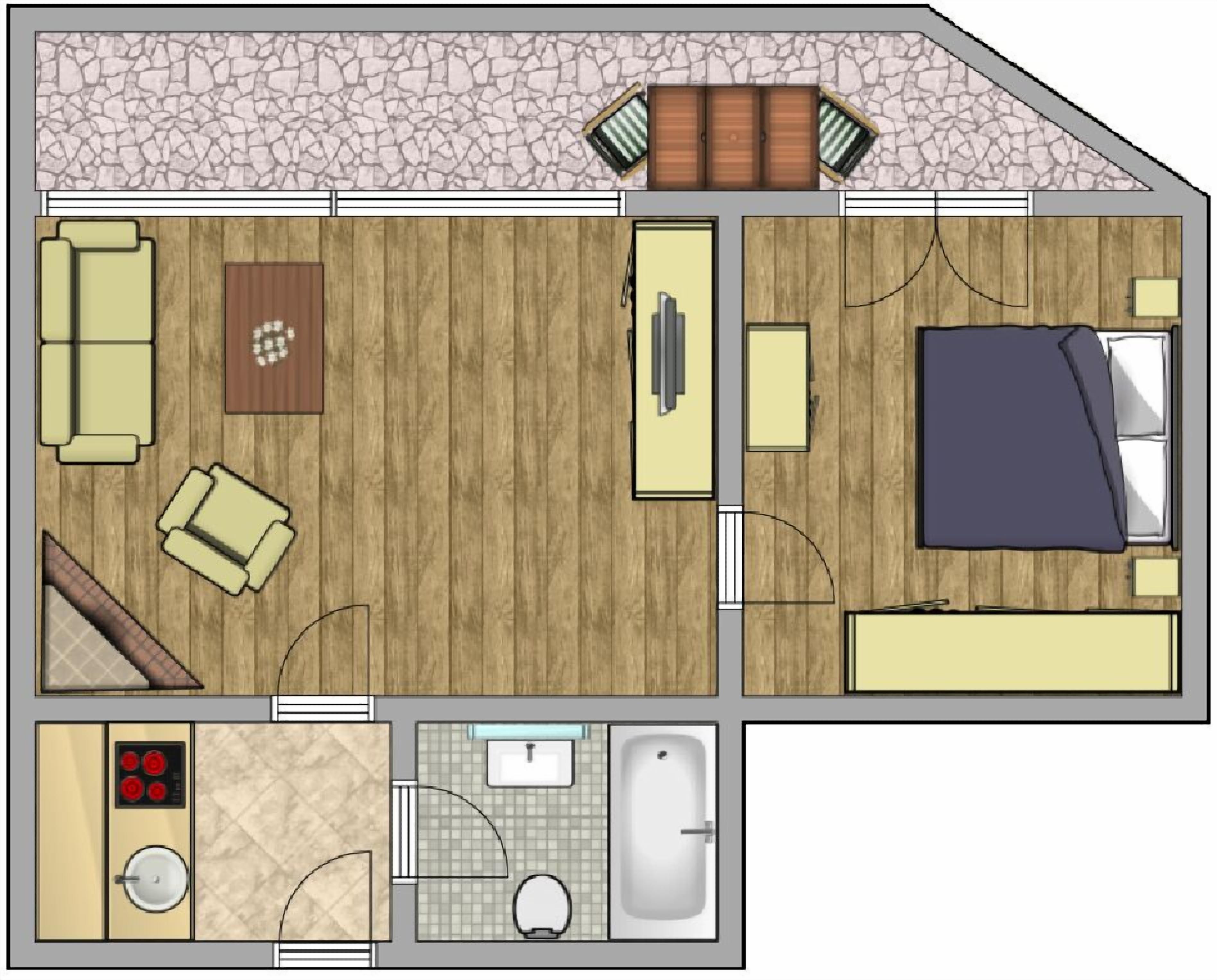 Plano de una habitación de hotel con suelo de madera, una cama, un sofá, un escritorio, una silla, un baño pequeño con lavabo e inodoro, y una ventana con vistas al exterior.
