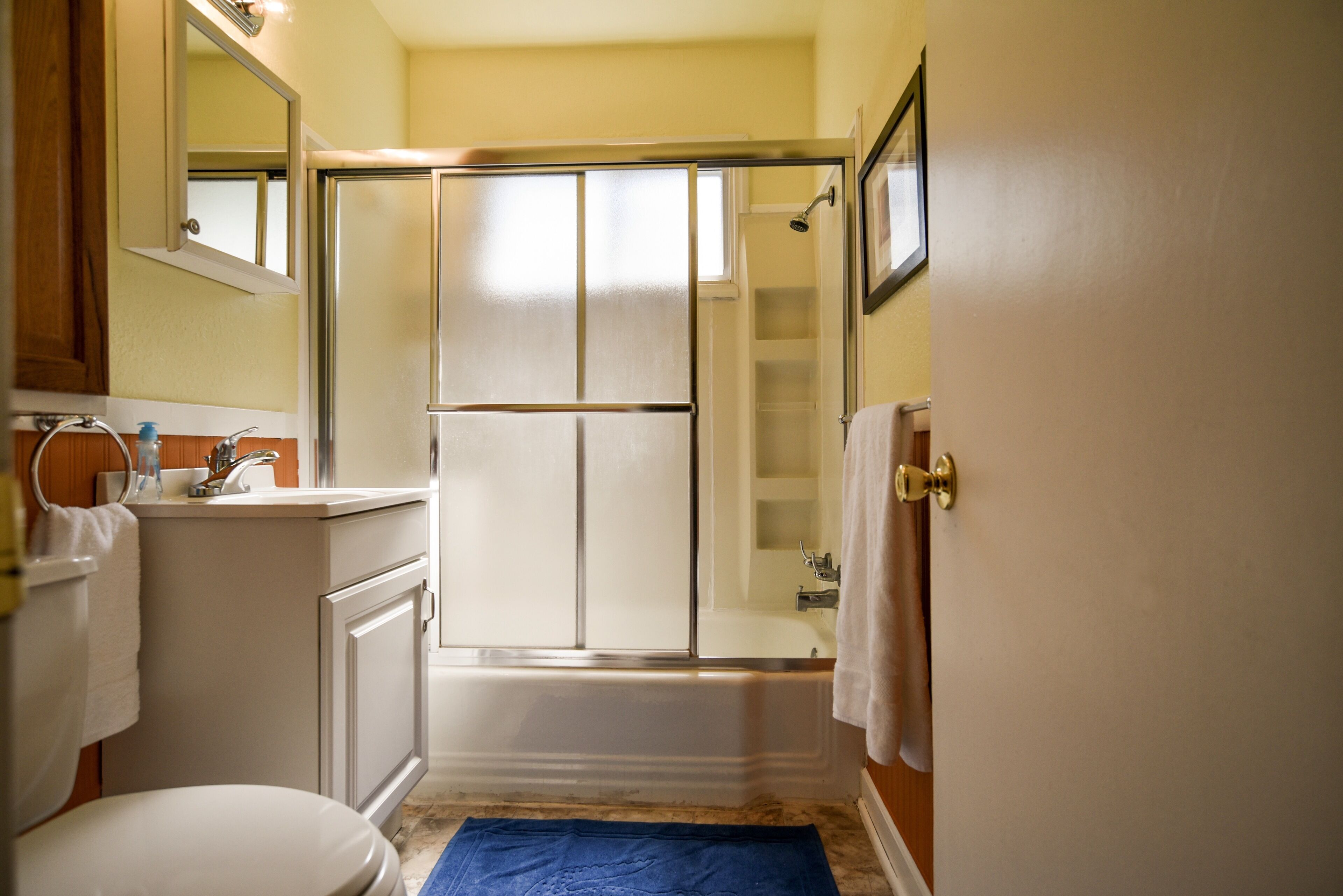Combined shower/bathtub, hair dryer, towels, soap