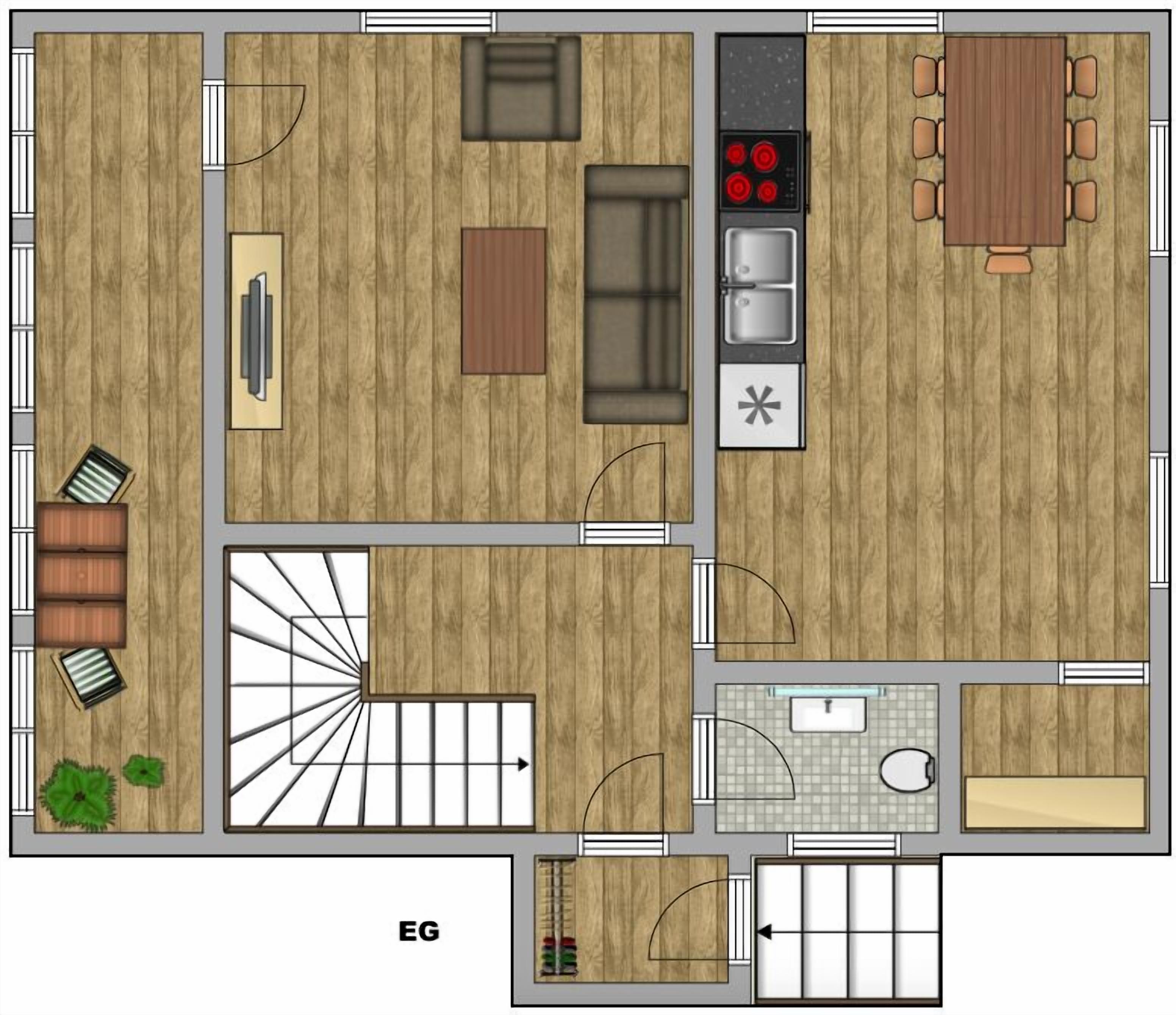 Ein Grundriss eines Hotelzimmers mit Küchenbereich, Esstisch, Sitzecke und Badezimmer.