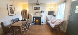 TV, fireplace, books