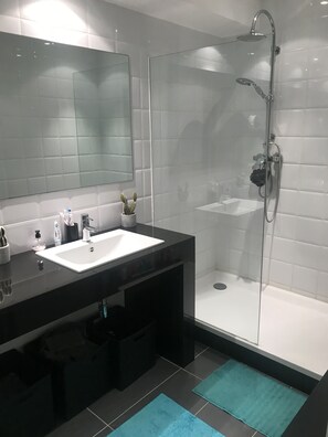 Shower, hair dryer, soap, shampoo