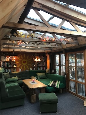 Cheminée, table de tennis de table, livres