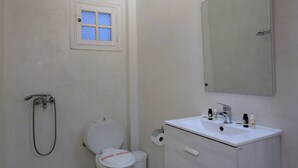 Ein Badezimmer mit Toilette, Dusche, Waschbecken und Spiegel.