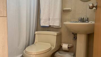 Ein Badezimmer mit Toilette, Waschbecken und Duschvorhang.