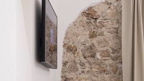 A modern living room with a stone wall, a grey sofa, a small table with a plant, and a mounted TV. - ARTEMIDE HOUSE - Superior Apartment Ortigia Wifi (Siracusa)