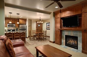 Smart TV, fireplace, video games, DVD player