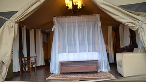 Una habitación con carpa, una cama, una silla y un sofá.