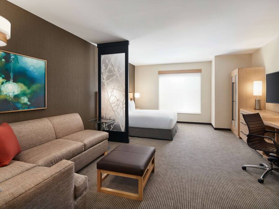 Habitación de hotel con sofá, una mesita, escritorio, silla, cama y televisor.