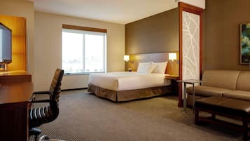 Una habitación de hotel con cama, escritorio, silla, sofá y ventana.