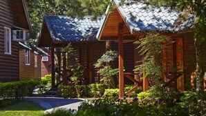 A wooden cabin with a sloped roof, surrounded by lush greenery and trees. - New Era Art Resort & Spa (Puli)