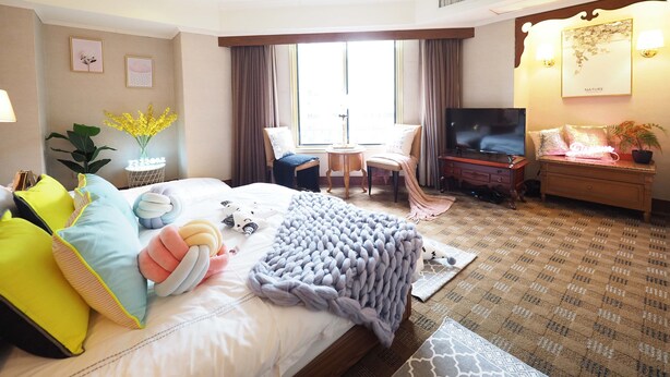 Une chambre d’hôtel avec un lit, une télévision, un bureau et une fenêtre.