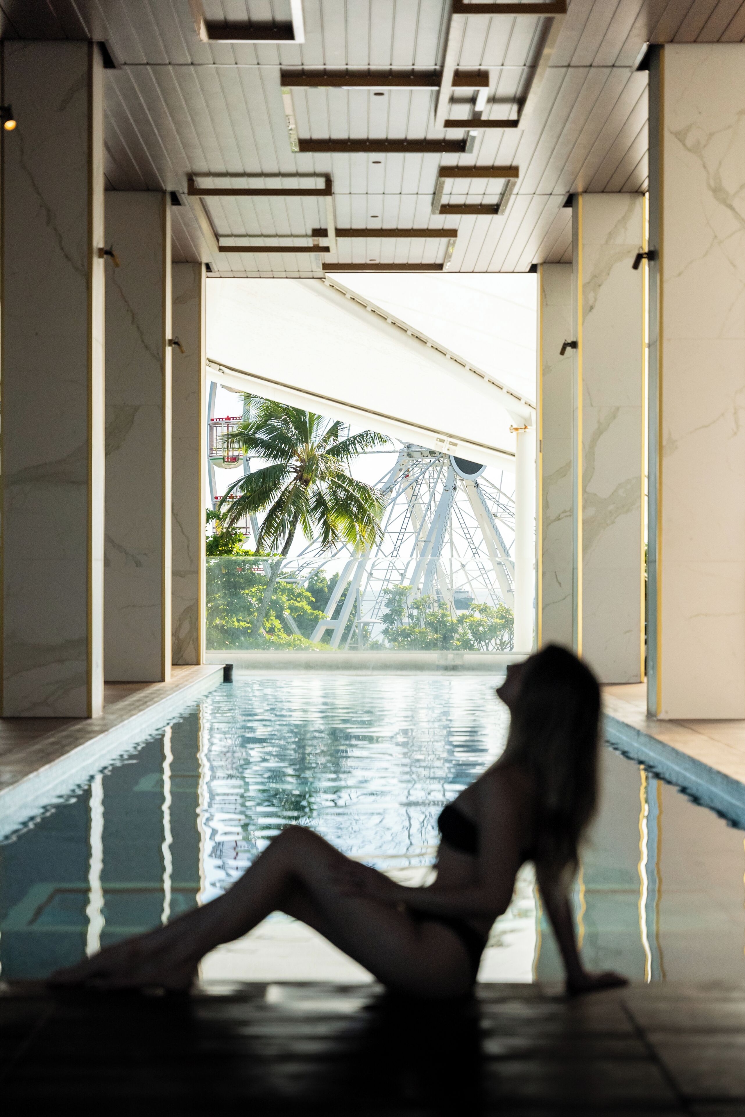 A pool area with a view of a palm tree and a Ferris wheel.
