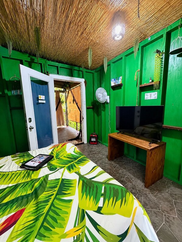 Una habitación con una cama, televisión, ventilador y puerta que da al exterior.