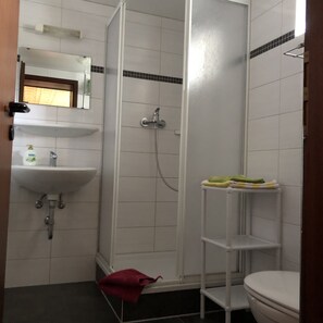 Shower, hair dryer, towels, toilet paper
