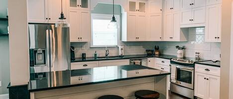 Fridge, microwave, oven, stovetop