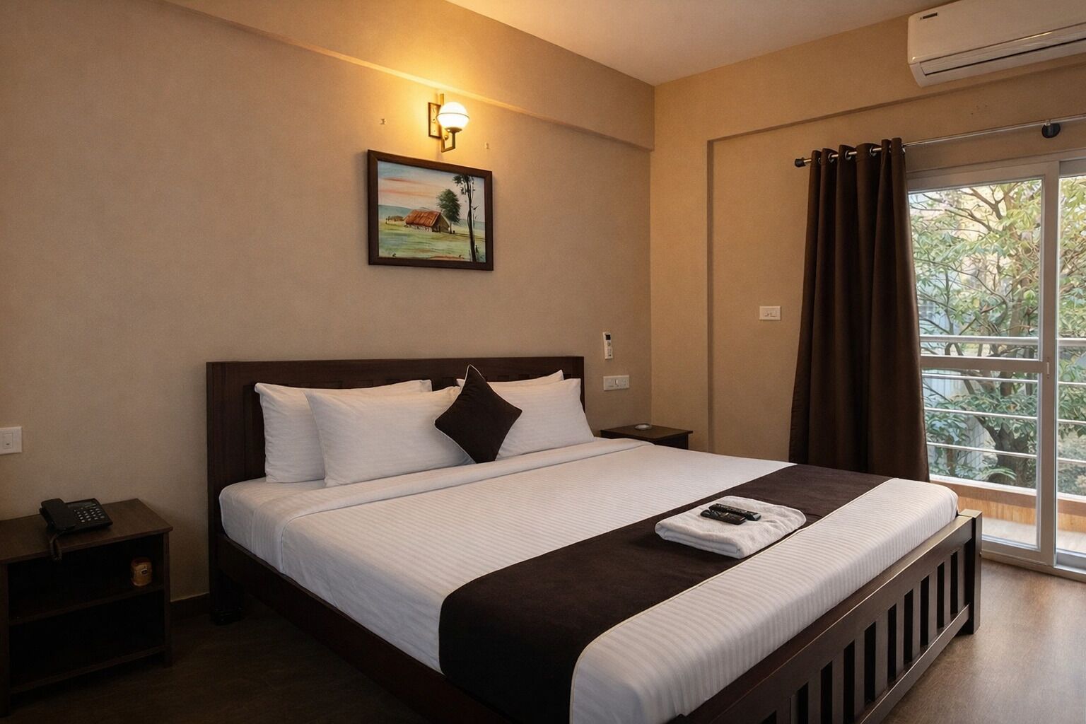 Habitación de hotel con cama, mesita de noche, lámpara y ventana con cortinas.