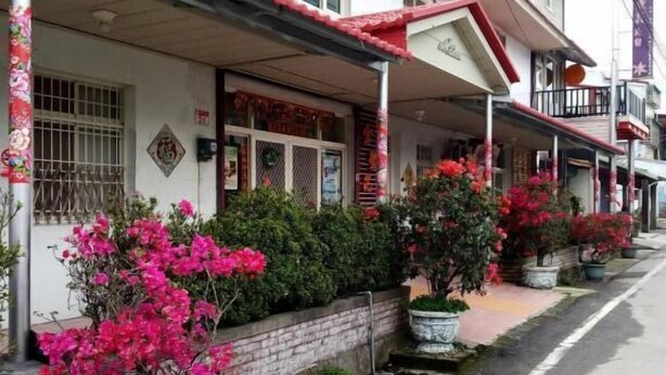 Una hilera de edificios residenciales con balcones, un muro de ladrillo y macetas con flores rosadas.